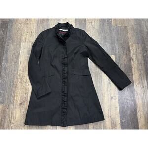 DKNY‎ Black Ruffle Trim Trench Coat Stand Collar Lightweight Jacket Womens Small